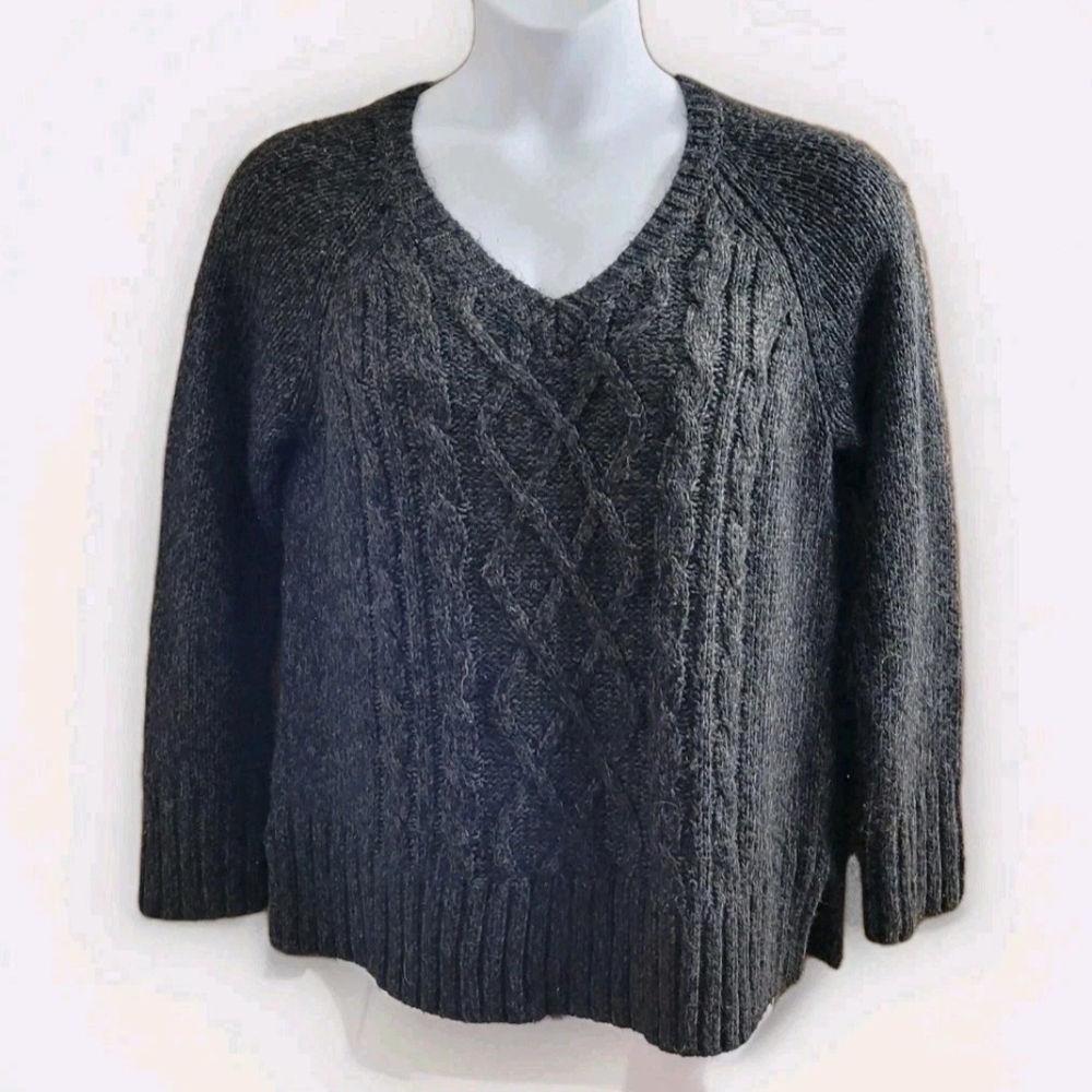 Canyon River Blues Dark Gray Sz XL Cable Knit Winter VNeck Sweater Marbled FUZZY